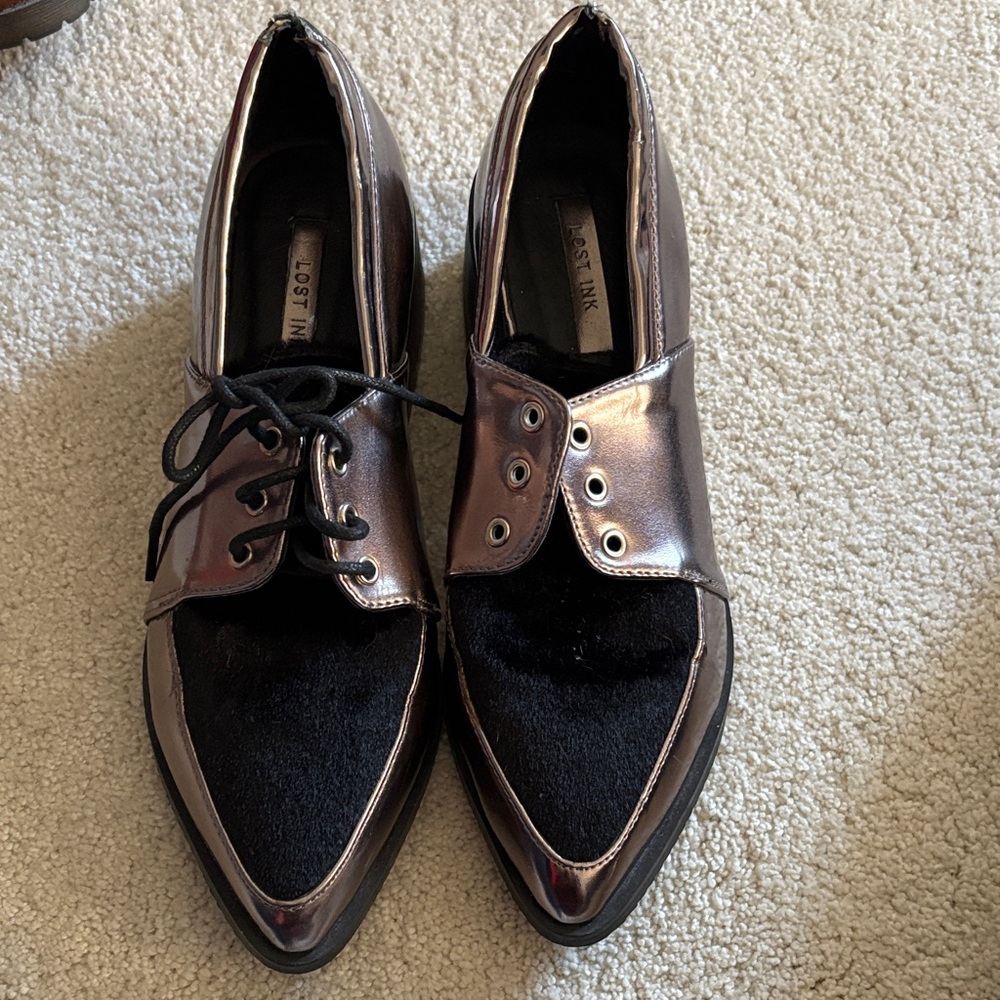 Lost Ink Metallic Pewter & Black Pointed Lace-Up Heels